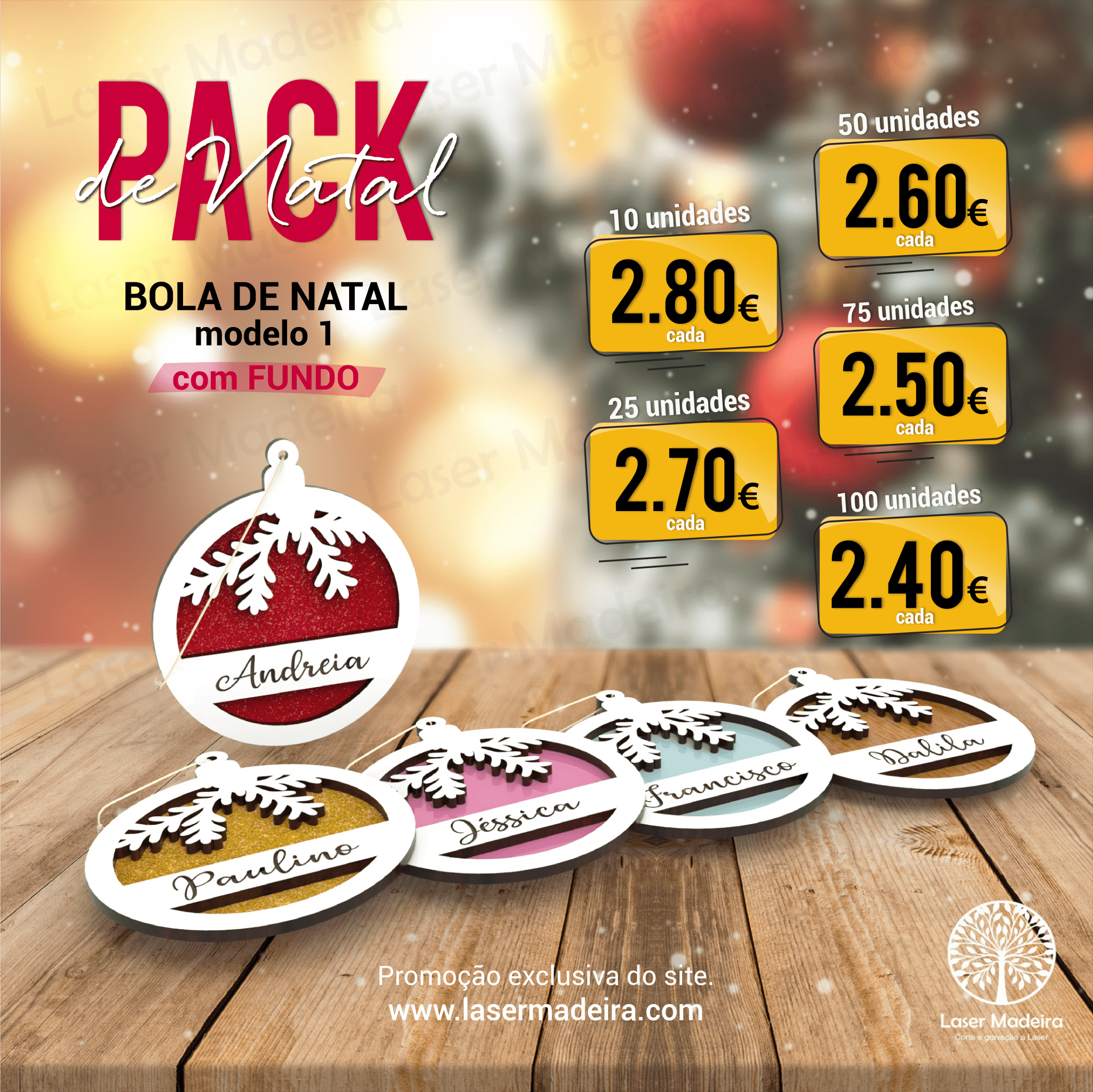 PACK - Bola de Natal Personalizada com Nome - Modelo 1 (com fundo) - Laser Madeira